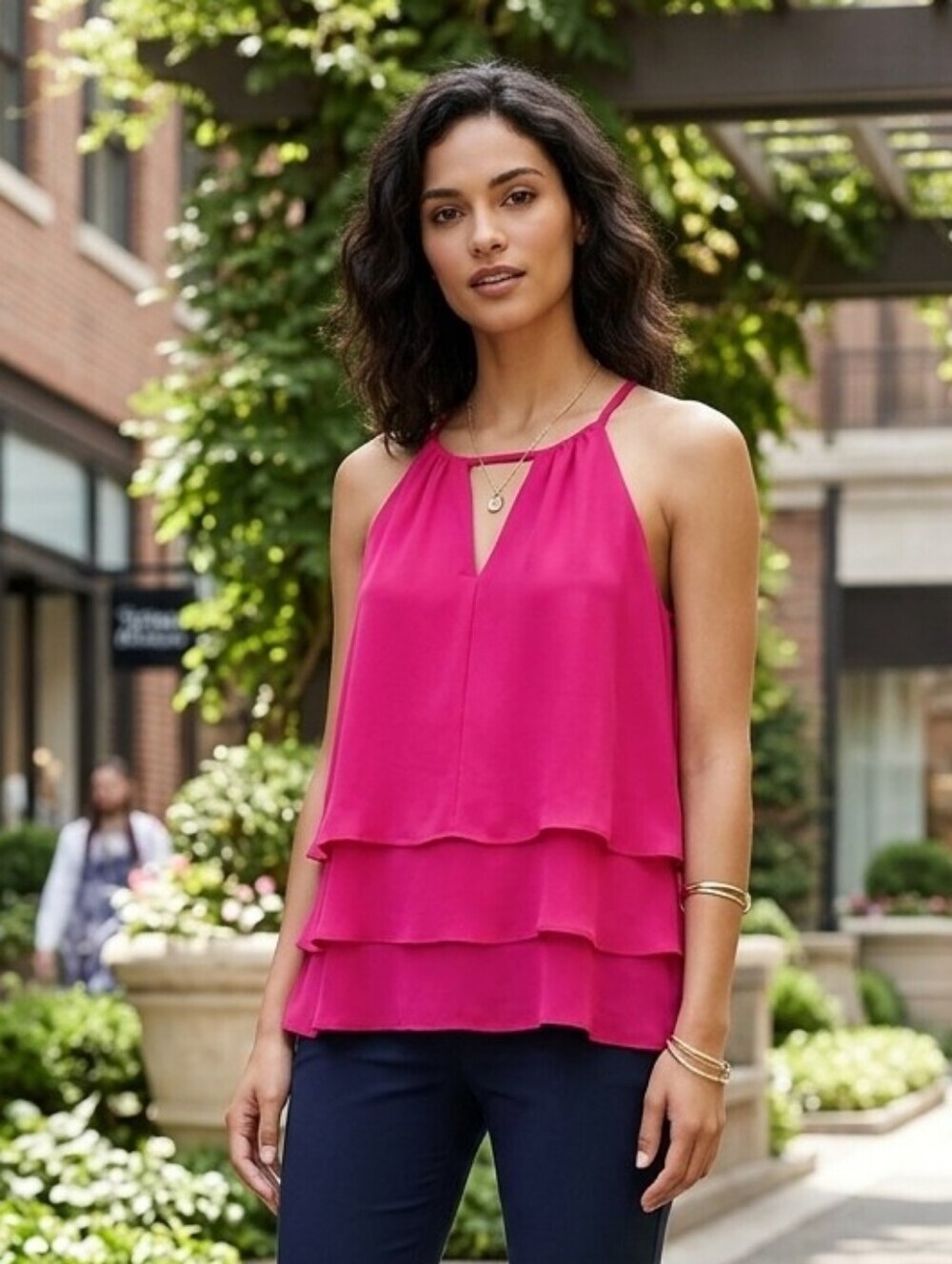 Saks Fifth Avenue Women's Cocktail Feminine Fuchsia Pink Tiered Blouse Size S